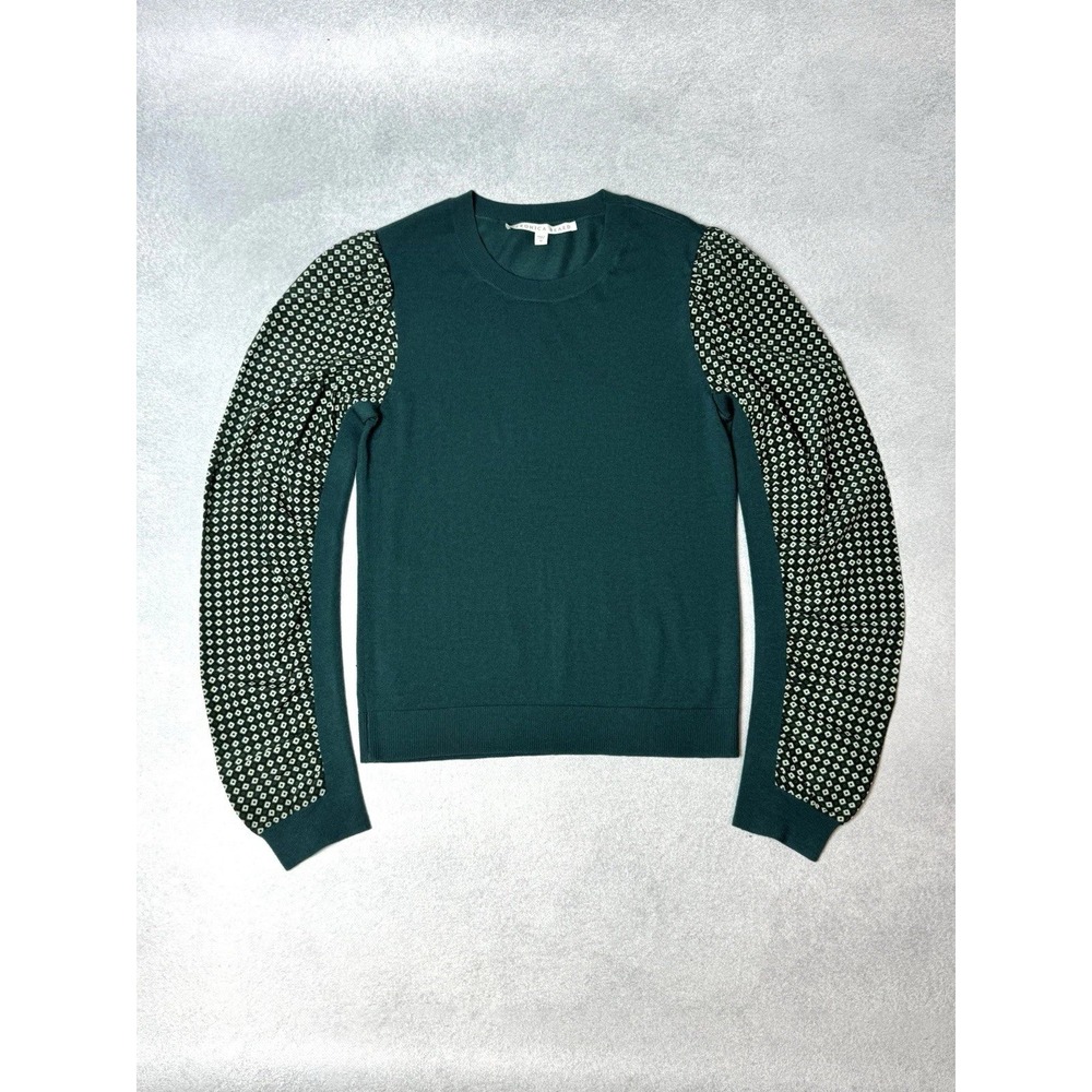 Veronica Beard Merino Wool Silk Puff Sleeve Sweater Green Geometric XS